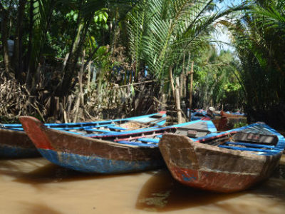 Sampan; Flussfahrt; Mekong; Palmen