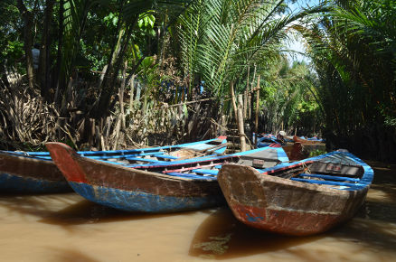 Sampan; Flussfahrt; Mekong; Palmen