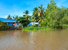 Wohnhaus am Flussufer im Mekong Delta