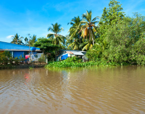 Wohnhaus am Flussufer im Mekong Delta